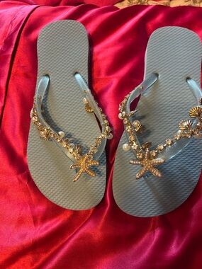 SHEIN Light Blue Beaded Starfish Embellished Flip Flops - Women